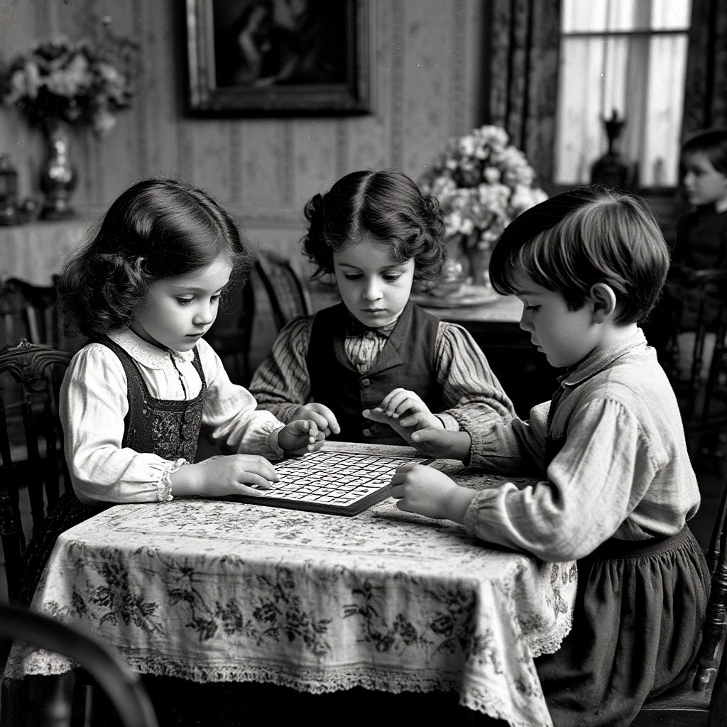 Дети сидят в столовой за обеденным столом и играют в лото.