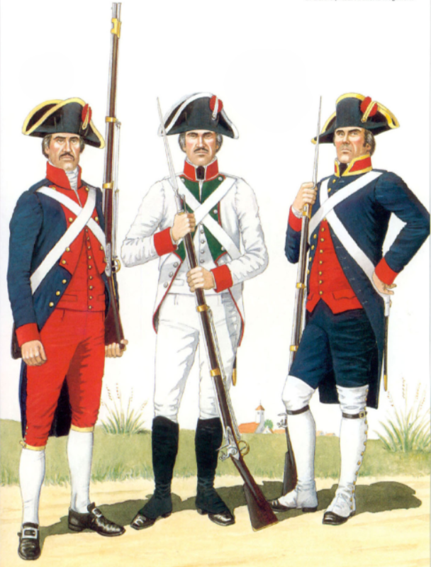 С лева на право. Стрелок Канарского ополчения (Fusillier, Canarias Militia), Стрелок Канарского батальона (Fusillier, Canarias Battalion), Стрелок реального артиллерийского полка (Gunner, Real Artilleria Regiment)