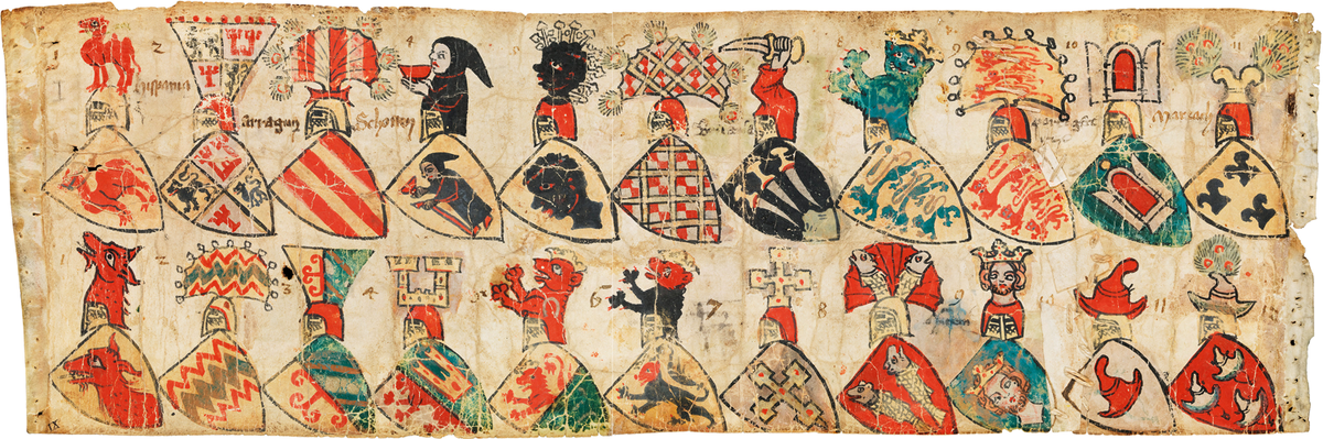 Этот узкий пергаментный свиток, длиной четыре метра и шириной всего тринадцать сантиметров, представляет собой выдающийся образец средневековой геральдики. На обеих его сторонах изображено четыреста пятьдесят гербов, причем преобладающим цветом является красный, который встречается примерно на двух третях щитов. Первый герб, расположенный в верхнем ряду слева, выполнен в красном цвете и описывается геральдическим термином: "d 'или à un chameau de gueules". Этот герб, как и ожидалось, является вымышленным и приписывается Престеру Джону.
Die Wappenrolle von Zürich, ок. 1335-40. Цюрих, Швейцария, Национальный музей Суисс, AG 2760.