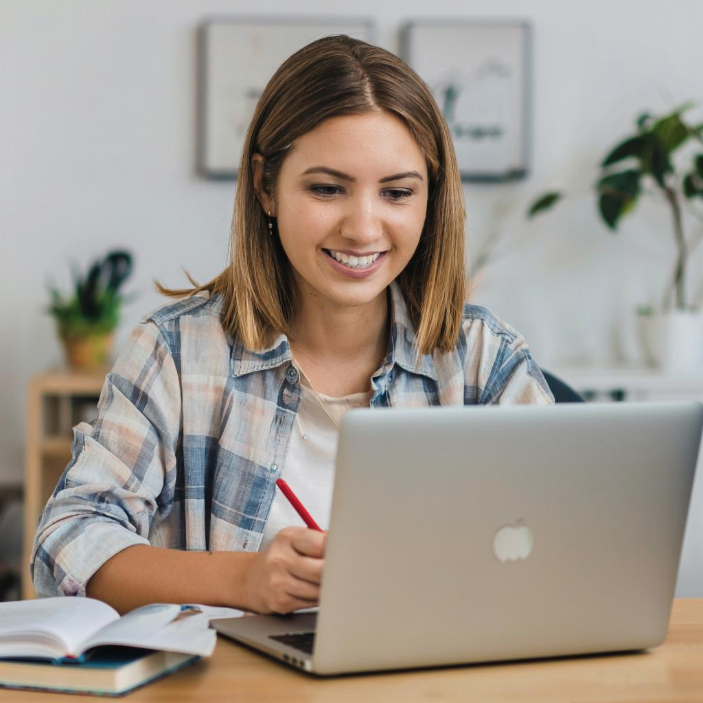 Девушка за ноутбуком ищет доменное имя главной страницы сайта