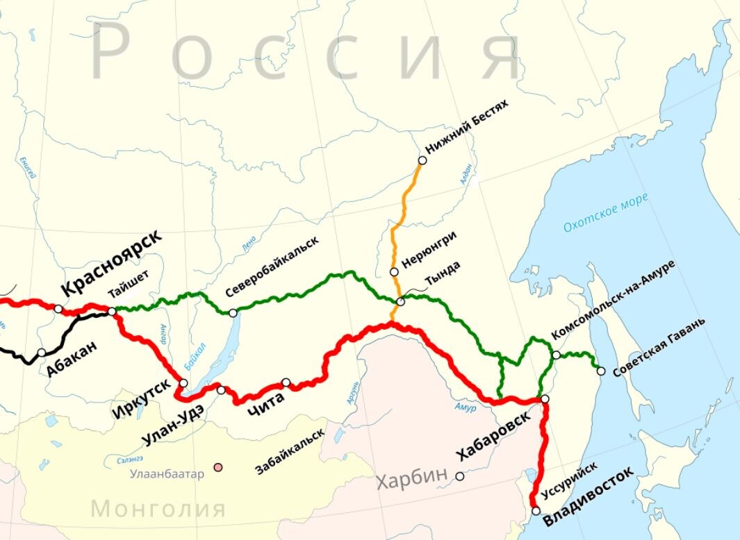 Красный — Транссиб.
Зеленый — БАМ.
Желтый — АЯМ. 