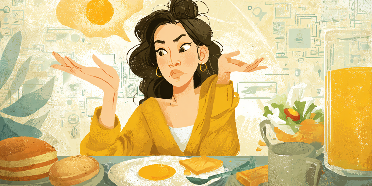 "Женщина за завтраком сомневается, стоит ли есть — иллюстрация к теме кето диеты и интервального голодания, отражающая выбор между едой и голодовкой для здоровья и похудения."