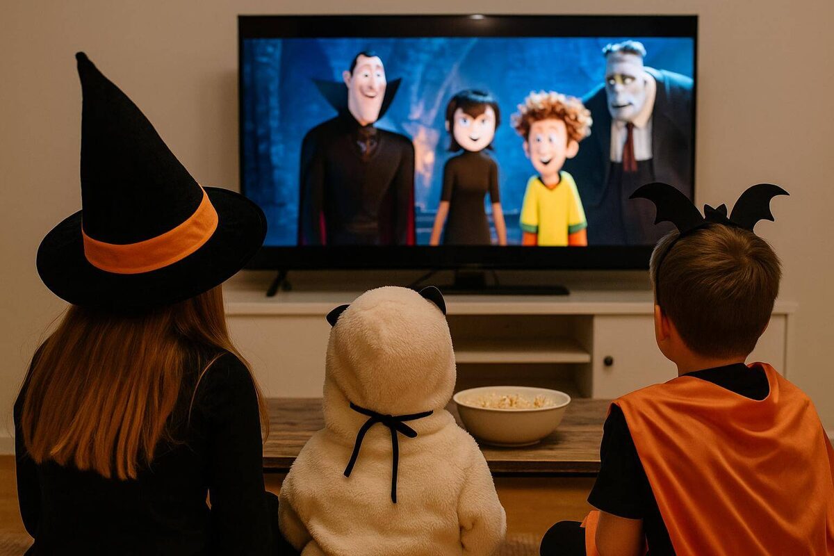 Дети смотрят мультфильм Монстры на каникулах