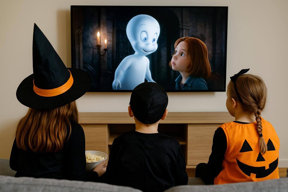 Дети смотрят мультфильм Каспер - добрый призрак