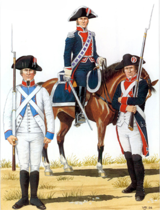 С лева на право. Фузилер, Наваррский полк (Fusilier, Navarra Regiment), Солдат, гвардейский корпус, Американская рота (Trooper, Guardia de Corps, American Company), Фузилер, Яранский (маджгинский) полк (Fusilier, Yaran (wine) Regiment) 