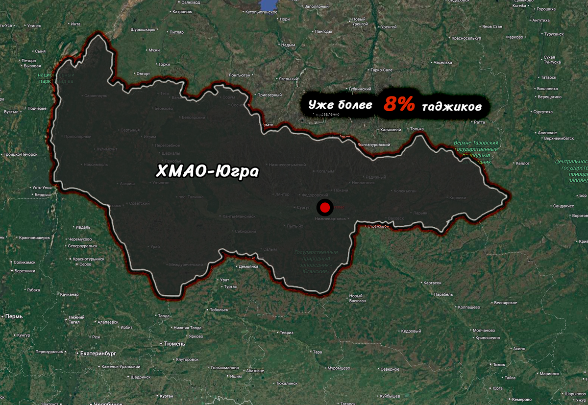 Лангепас на карте выделен красной точкой