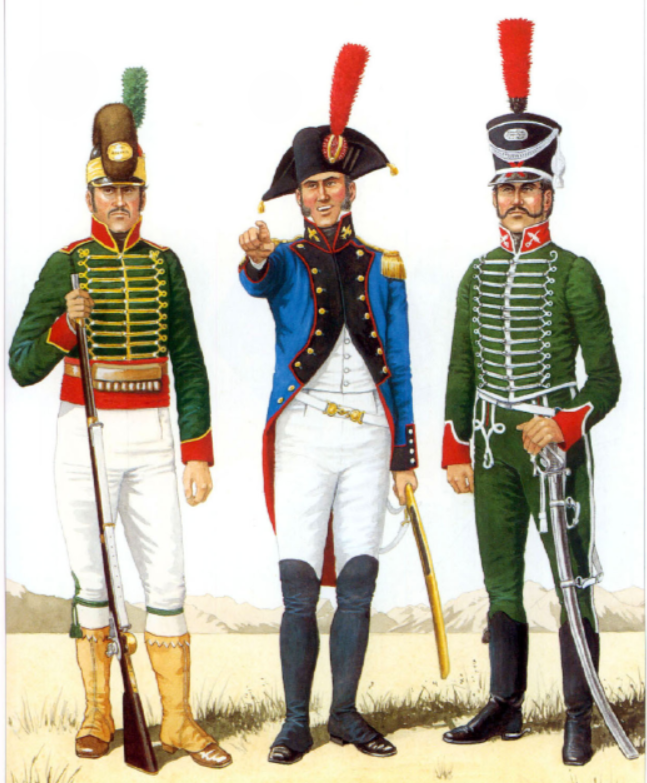 С лева на право. Рядовой, лёгкая пехота (Private, Light Infantry), Офицер, пехота (Officer, Infantry), Рядовой, конные егеря (Trooper, Mounted Chasseurs)