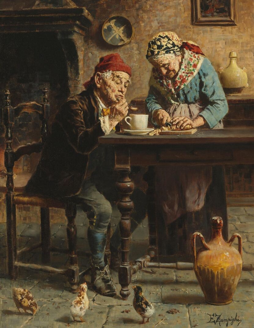 Картина «Вкусная еда» (1859–1944) итальянского художника Эудженио Эдуардо Зампиги изображает семейную пару за трапезой. Несмотря на скудность стола, их счастье и гармония видны в каждом движении. Размер: 61×47 см, в частной коллекции.