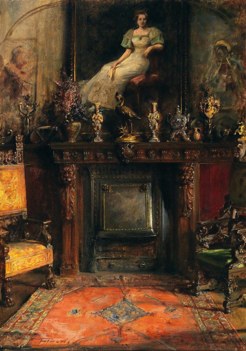 Артур фон Феррарис (1856–1936) «Интерьер с видом на камин и картину». Холст, масло, 100,5×70,5 см. До 1936 года. В частной коллекции.