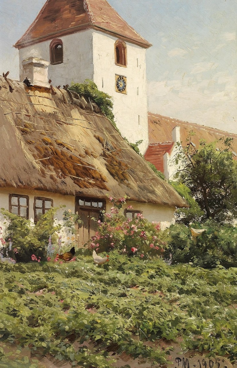 Педер Мёрк Мёнстед (1859–1941) — датский художник, известный пейзажами. Картина «Деревенская идиллия с цыплятами, цветами и фермерским домом у церкви Кьетинге» (1905) выполнена маслом на холсте, имеет размеры 47×32 см и находится в частной коллекции. На ней изображена сцена сельской жизни Дании.