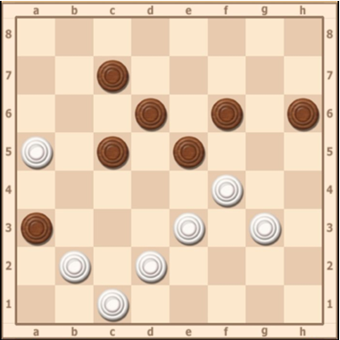 1.bc3 cb4 (1…fg5 2.ed4 ce3 3.b4 4.h4x) 2.b6 (2.ed4 hg5 2…b6x) 3. ed4 hg5
4…c5 6… ed4 7.gh4 cd6 8. hg5 9. hg7 c3 11. h8 g3 12.d2 b4 13…h2 14….g1=  
