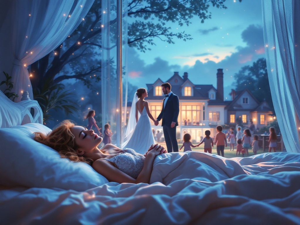    К чему такое снится: Художник изображает сцену, где невеста в белом платье держит руку высокого симпатичного жениха перед большим домом. В фоне видна пара, занимающаяся приютом для детей