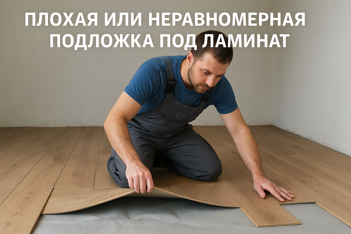 мужчина в рабочей одежде (строитель или мастер) поднимает угол ламинатной доски и показывает неровную подложку под ней.