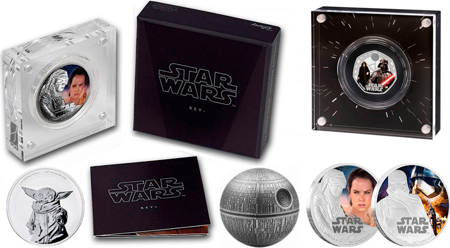 Монеты из Соединённого Королевства и с о. Ниуэ, Star Wars, серебро. Фото: ma-shops.co.uk, banknotnik.ru и numista.com. Коллаж автора