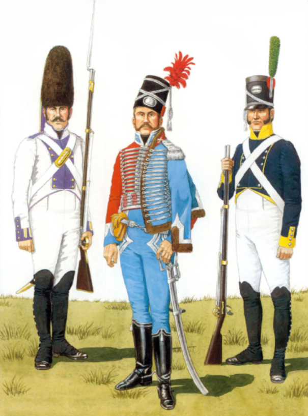 С лева на право. Гренадер, пехотный полк Принсипе (Grenadier, Principe infantry Regiment), Офицер, гусарский полк Марии Луизы (Officer, Maria Luisa Hussars), Стрелок, 1-й Барселонский лёгкий пехотный полк (Fusillier, 1st Barcelona Light Infantry)