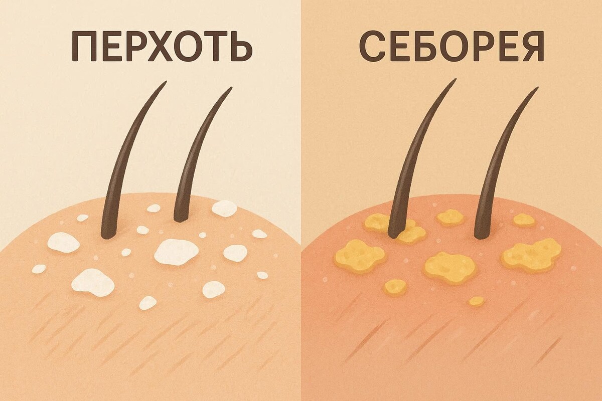 Как не перепутать перхоть и себорею?
→ Перхоть: белые хлопья, сухость, лёгкий зуд.
→ Себорея: жёлтые чешуйки, жирная кожа, покраснение.