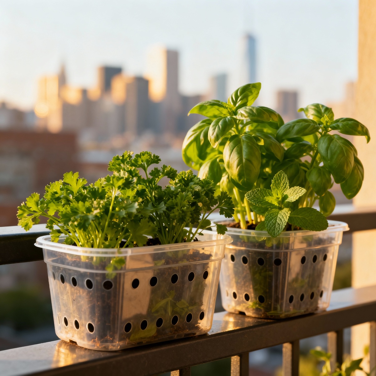 Herbs in plastic containers
Фото 1: «Травы в контейнерах на балконе»