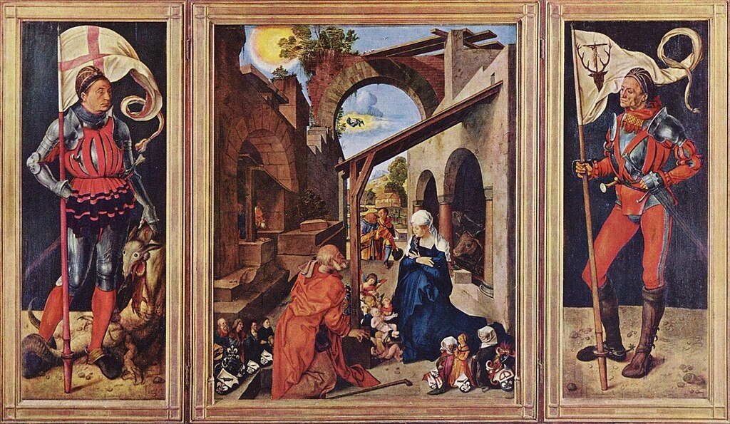 Триптих работы Альбрехта Дюрера (1480-1538) «Алтарь Паумгартнеров», около 1503 года. Дерево, масло. Размеры: 155 × 61х126х61 см. Старая Пинакотека, Мюнхен. (инв. 701, 702, 706). Фото триптиха взято из открытого источника.