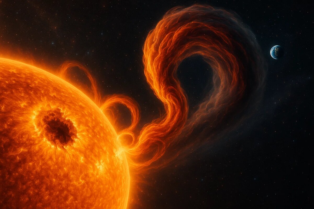 Монструозный корональный выброс массы отрывается от поверхности Солнца, неся миллиарды тонн плазмы. Гигантский плазменный торнадо демонстрирует необузданную мощь нашей звезды в период её максимальной активности, когда магнитные поля запутываются и рвутся.