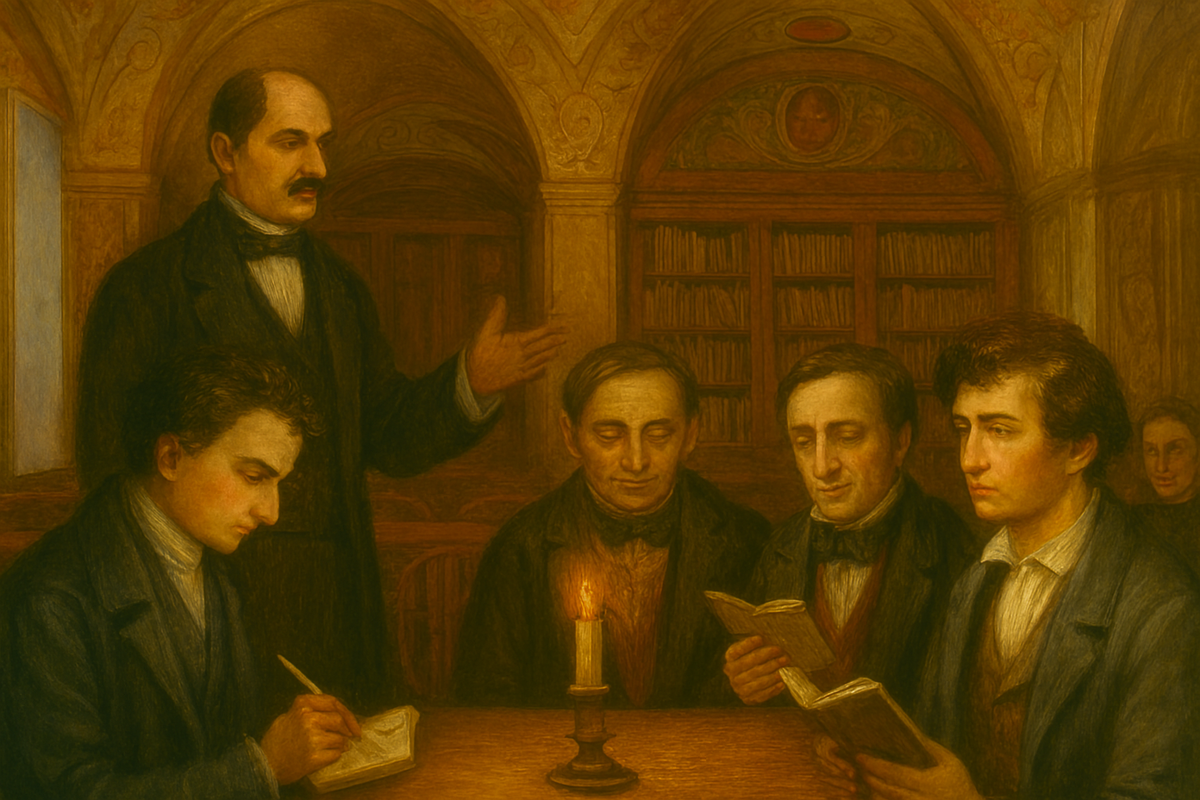 Томаш Зан ведет заседание дружеского клуба любителей наук. Справа молодой Адам Мицкевич.