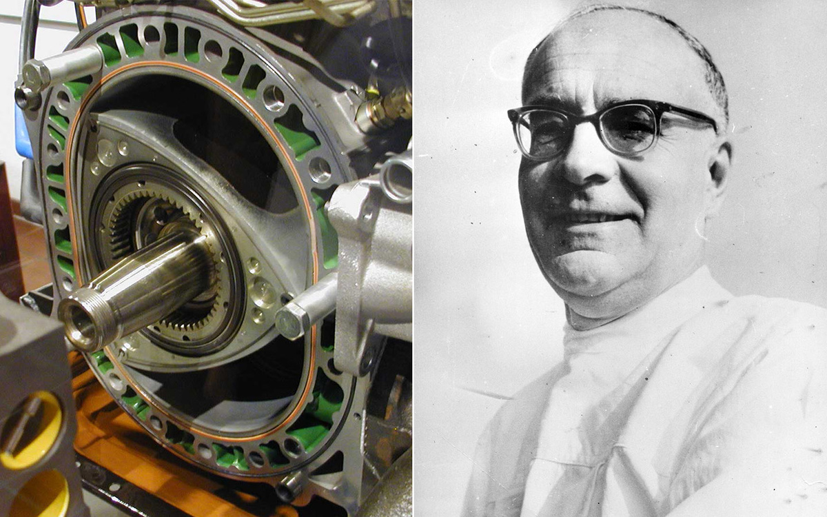 Softeis / CC BY-SA 3.0 / Wikipedia Commons, Keystone / Getty Images📷Слева — роторный двигатель в разрезе, с ротором, изготовленным в форме треугольника Рёло.
 Справа — Феликс Генрих Ванкель, соавтор изобретения роторно-поршневого двигателя (так называемого двигателя Ванкеля), который был впервые показан в 1957 году вместе с инженером компании NSU Вальтером Фройде, которому и принадлежала идея данной конструкции двигателя.