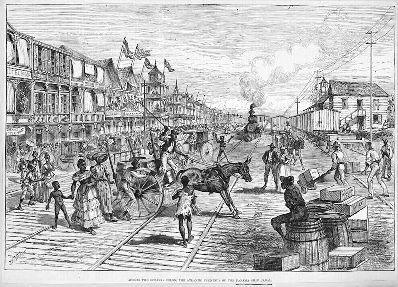 Подпись: Через два океана: Колон, конечная ЖД станция на строительстве Панамского судоходного канала со стороны Атлантики. Across the two oceans: Colon, the atlantic terminus of the panama ship canal (Источник: Time)