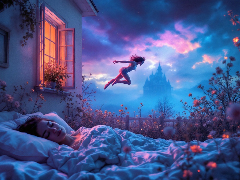    К чему такое снится: На картине изображено как женщина выпрыгивает из окна камеры в момент побега. Она приземляется и готова перепрыгнуть через низкий забор, вдали виден большой дом с ув