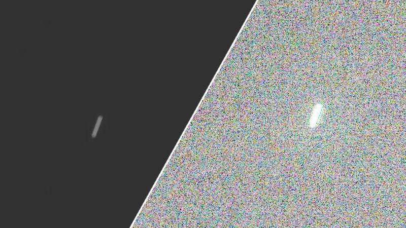 Две версии изображения межзвездного объекта 3I/ATLAS, полученные камерой Navcam на борту марсохода NASA Perseverance 4 октября 2025 года. Авторские права: NASA, опубликовано здесь и здесь.