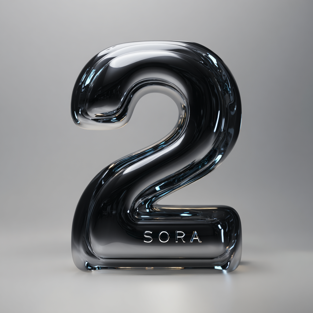 Промт для создания данной иллюстрации: Cover image with the text 'Sora 2' in 3D style. The letters should have a smooth, reflective texture (like polished chrome or glass). Use a modern, sleek sans-serif font similar to OpenAI branding. Background should be cinematic and minimalistic — soft gradient or tech-inspired atmosphere. High resolution, centered composition, professional look.