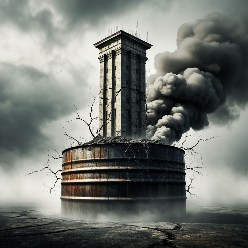 Иллюстрация "Зыбкий фундамент - нефтяная бочка" создано сетью Шедеврум