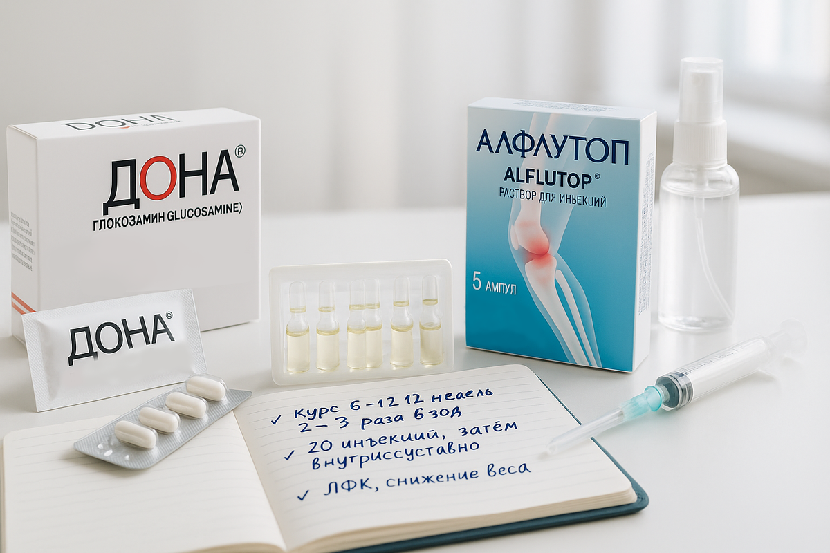 Дона vs Алфлутоп: глюкозамин сульфат 1500 мг (6–12 недель, 2–3 курса/год) против инъекций 1–2 мл (курс из 20 внутримышечных инъекций); обе схемы сочетают с ЛФК