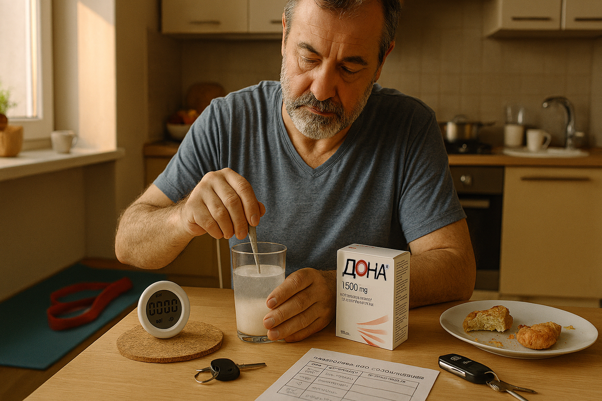 Дона при хронической боли в пояснице: 1500 мг 1×/д 8 недель + ЛФК и режим; к 4-й неделе −50% скованности, без обезбаливающих; поддерживающие курсы каждые 3–4 месяца.