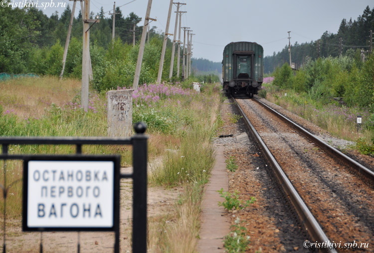 Новая платформа Местерьярви и удаляющийся от нее двухвагонный поезд. Фото М. Подкопаевой, 2011 г.