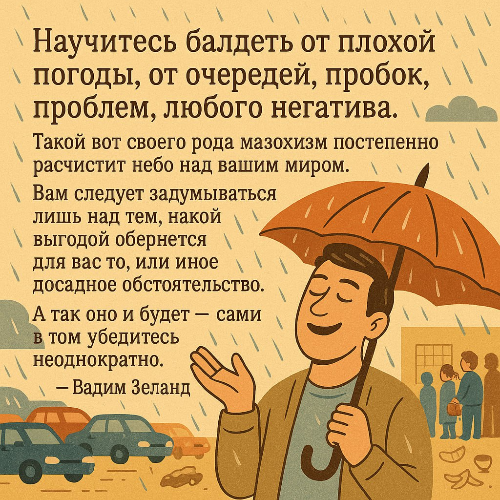 Зеланд: "Научитесь балдеть от плохой погоды, от очередей, пробок, проблем, любого негатива"
