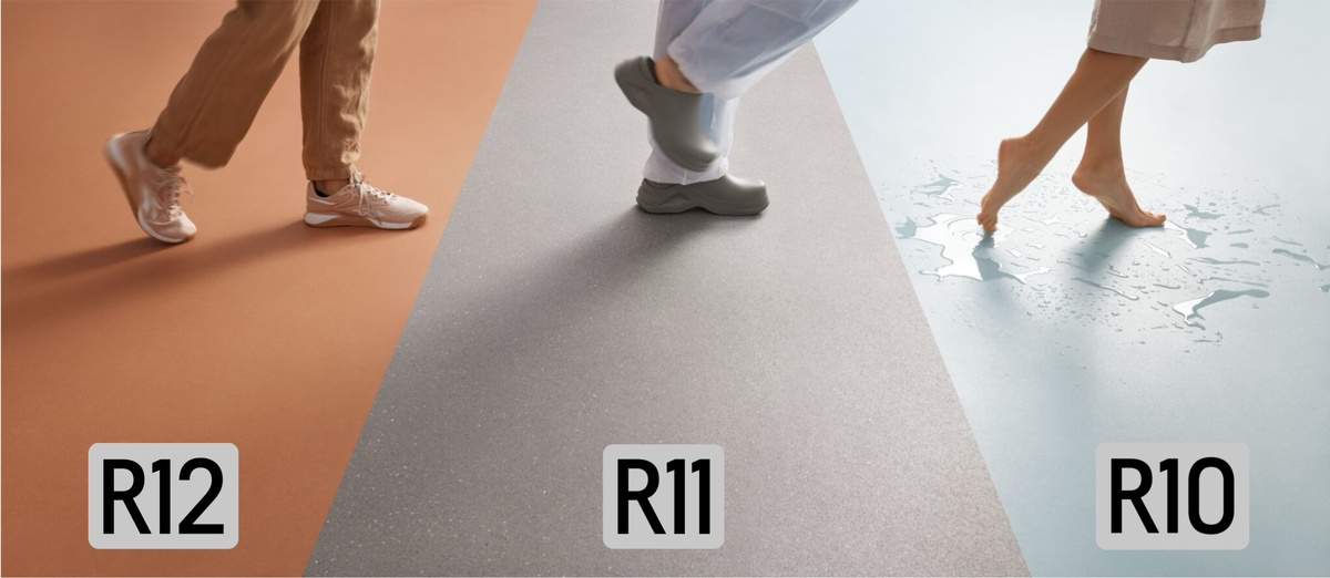 Три класса противоскольжения, которые ощутимо защищают от падений – R10, R11 и R12.