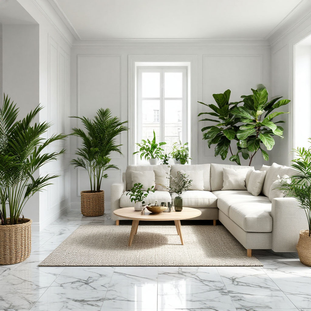 Гостиная в скандинавском стиле ❄️. Светлая, почти белая матовая плитка на полу с эффектом мрамора. Яркий ковер, светлая мебель и несколько зеленых растений создают ощущение простора и свежести.