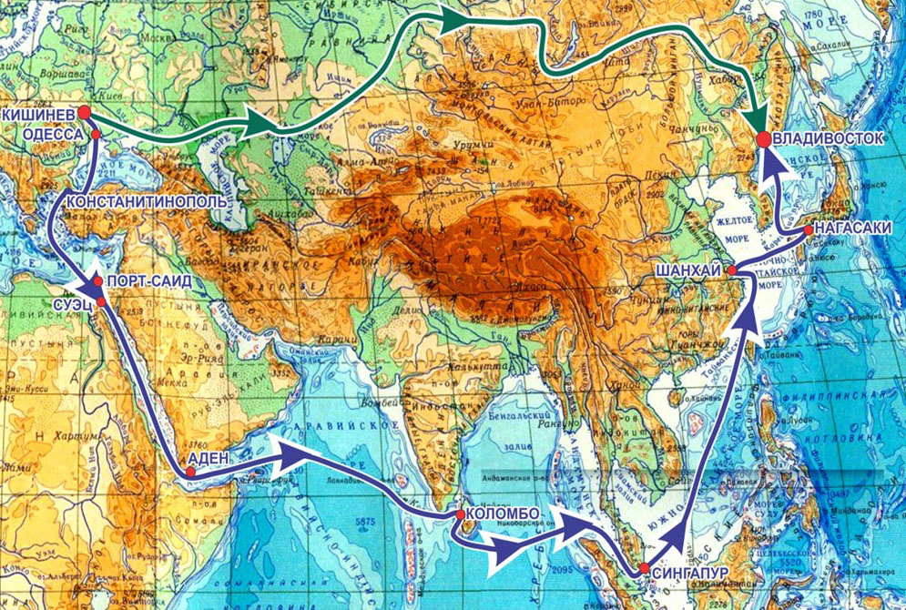 Синим выделен морской путь из Одессы до Владивостока