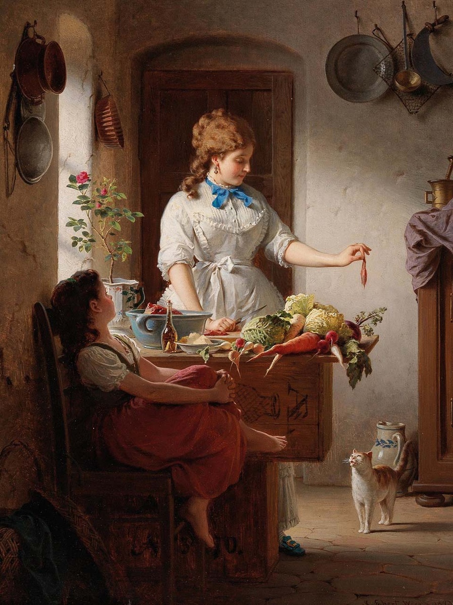 Картина Антона Эберта «Кухонная идиллия» (1873) — яркий пример жанровой живописи. На небольшом полотне (40×30 см) показана молодая девушка, угощающая котёнка, и девочка, наблюдающая за этим. Наряд девушки детализирован, а сцена излучает тепло и умиротворение.