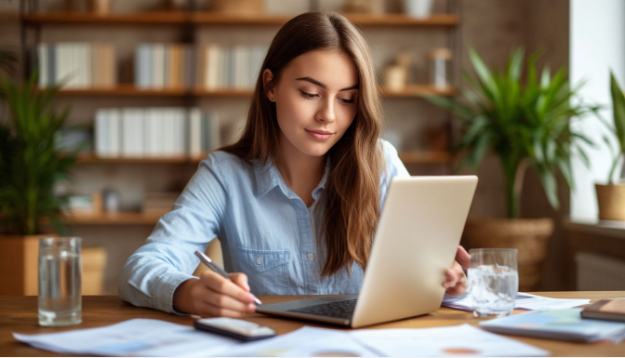 девушка подсчитывает бюджет и мечтает