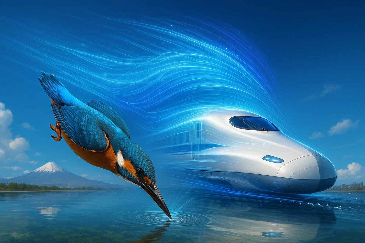 Сверкающий зимородок в стремительном пике над водой, чей силуэт и траектория полета трансформируются в футуристический контур скоростного поезда. Эпическое единство природы и технологий, запечатленное в одном кадре.