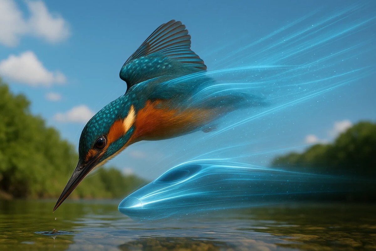 Момент высшего напряжения: зимородок на скорости 40 км/ч готовится войти в воду, а его энергетический шлейф уже образует очертания поезда. Борьба за жизнь встречается с инженерным гением.