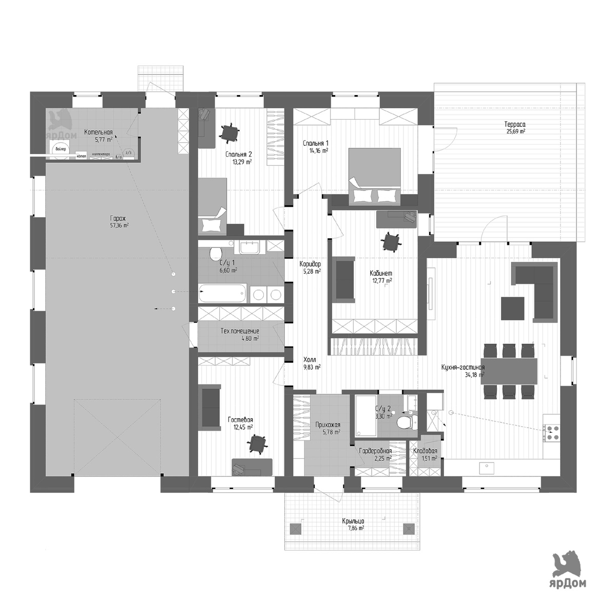 Планировка дома в стиле Райта 223 м²