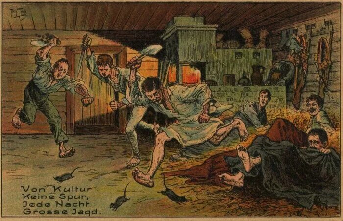 Также были открытки, которые высмеивали нашу культуру – например, про изгнание мышей ножами и топорами из избы