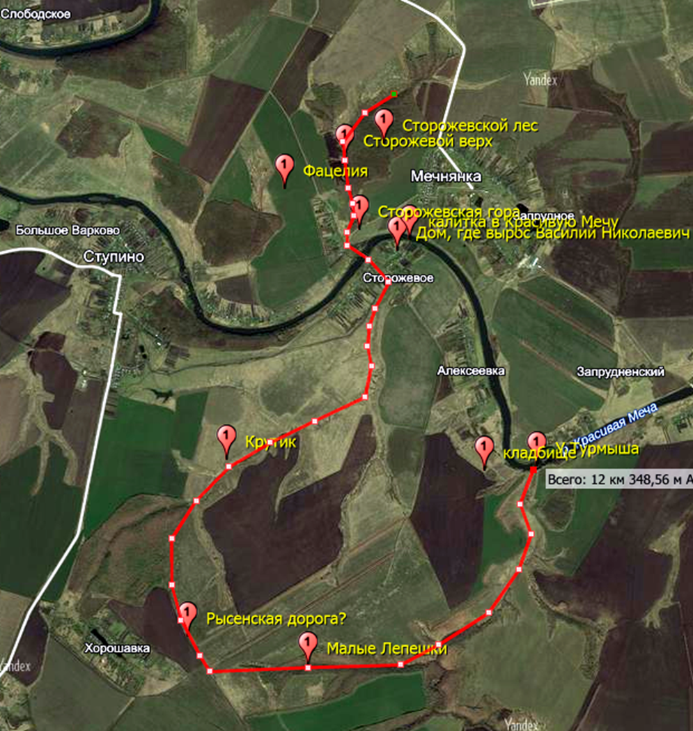 Дикое поле – «по обе стороны Сторожевово верха за реку за Мечю на гору по Крутику к Рысенской дороге с Малами Лепешки по Турмышской верх на подол по Тормышу к реке к Мечи».