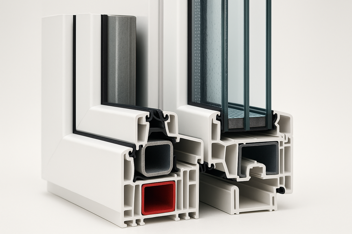 Срез ПВХ-профиля с тройным остеклением. Видны многокамерная геометрия, стальное замкнутое армирование, эластичные чёрные уплотнители и «тёплая» дистанционная рамка между стёклами. Нейтральное освещение подчёркивает чистую белую фактуру профиля и прозрачность пакета.