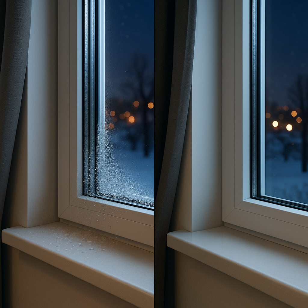 Сравнение двух соседних окон в одном интерьере (сплит-кадр). Слева — конденсат и иней по низу стекла и на подоконнике; справа — сухое и чистое стекло с тем же видом на улицу. Контраст демонстрирует влияние тёплой дистанции и более тёплого стеклопакета на отсутствие запотевания.