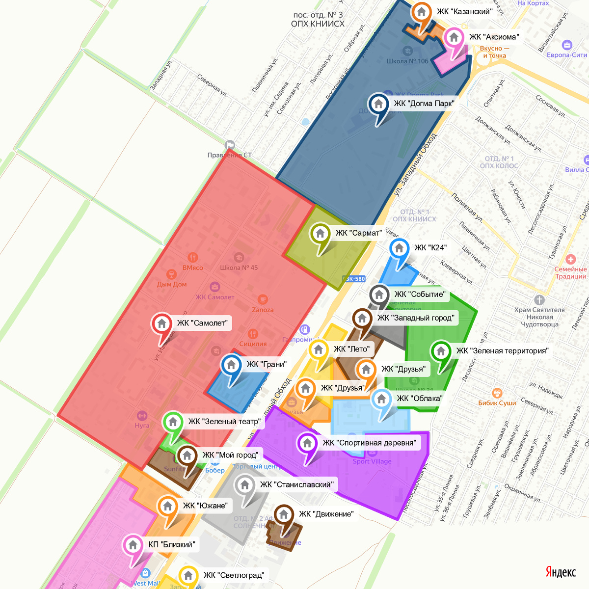 Карта расположения жилых комплексов на Западном Обходе 