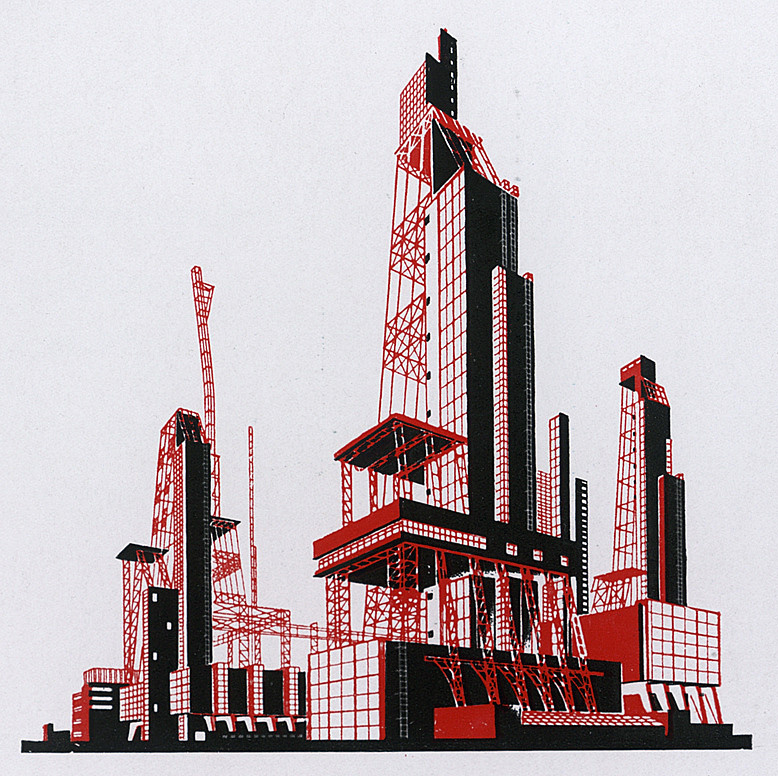 Фермовая пространственная конструкция фабрично-заводского здания. Компактное согласованное объединение стержневых конструкций и объемов. Расцветка в две четко выраженные „сочные" краски. (Здесь и далее пояснения Я. Чернихова к композициям).