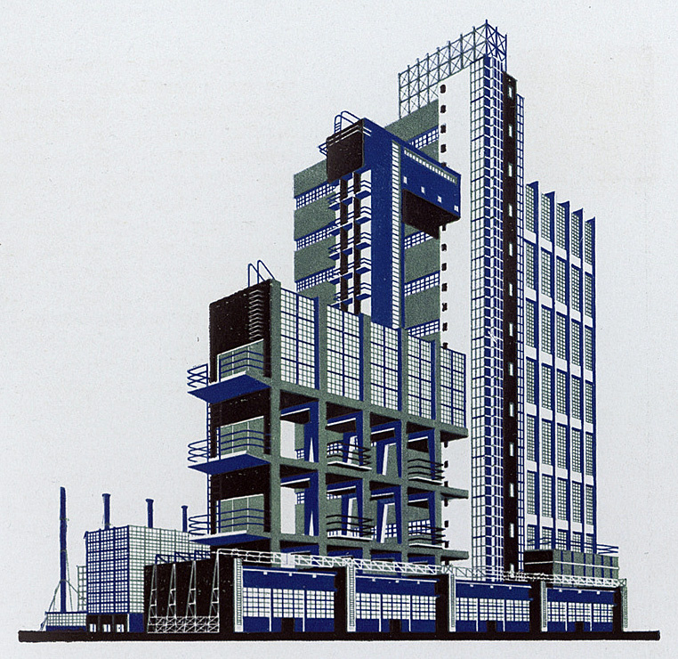 Дворец научно-исследовательской лаборатории легкой индустрии.
Компактное явно-конструктивное сооружение с выраженной устой чивостью. Трехцветная гамма окраски здания в холодных тонах.