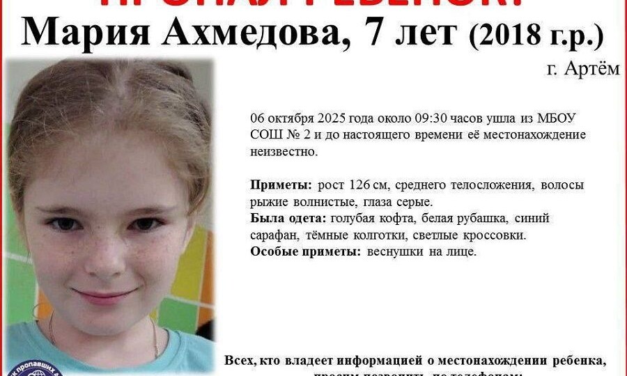 Семилетняя девочка пропала в Артёме, полицейские и волонтёры ищут её уже целые сутки